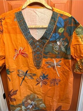 Women's Orange Embroidered V-Neck Tunic Top